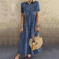 thumbnail image 5 of Walbest Retro Women Denim Dress, Summer Casual Short Sleeve Turn Down Collar Pockets Button Long Loose Dress, 5 of 7