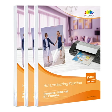 Inkuway Hot Thermal Laminating Pouches 300 Sheets 9x11.5 for Sealed Letter Size 8.5x11 Documents 4mil Thickness,Bundle of 3 Packs