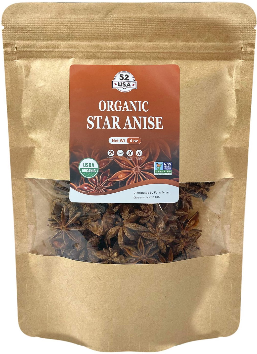 52USA Organic Star Anise 4oz, NONGMO Verified Whole Chinese Star Anise