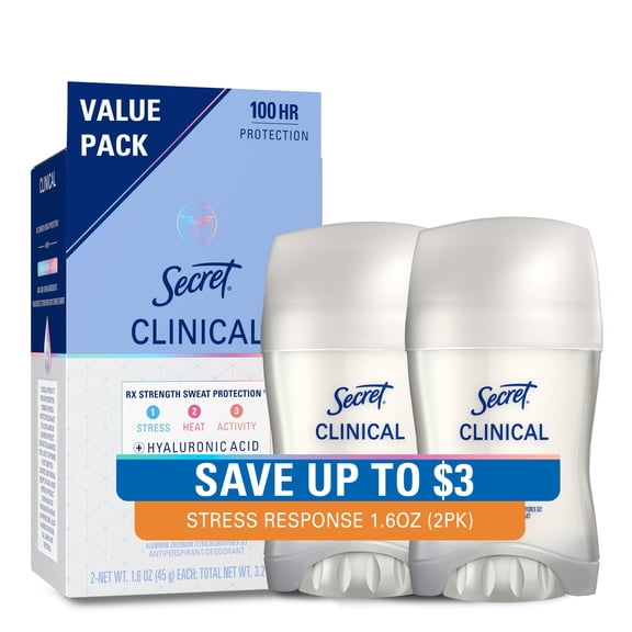 Secret Clinical 100HR Antiperspirant Deodorant, Invisible Solid, Stress Response, 1.6 oz (2 Pack)