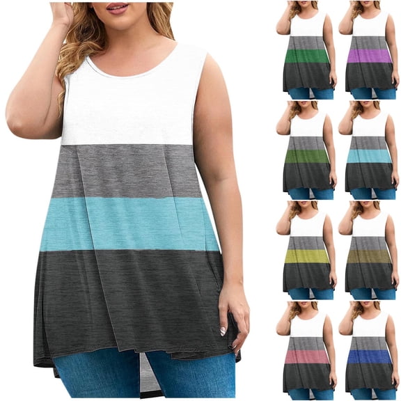 Vmvidoty Womens Plus Size Striped Tank Tops Flowy Loose Fit Scoop Neck Casual Summer Tops Curvy Hem Pink L