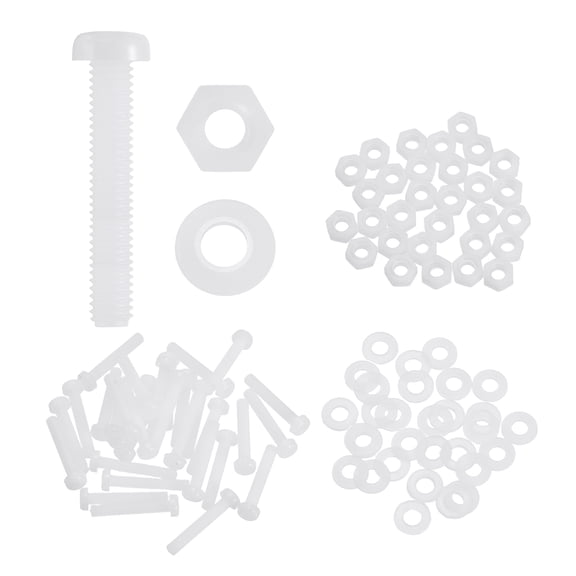 Uxcell 30 Set M4x25mm Nylon Plastic Cross Round Head Screw Phillips Bolts Hex Nuts Flat Washers Assortment Kit, Metric Full Thread Bolt Fasteners for DIY Machine Assembly, White
