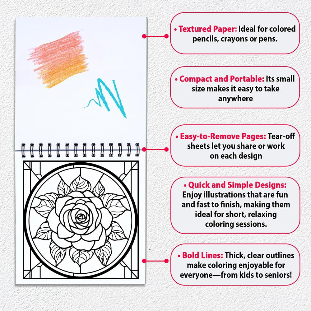 Stained Glass Mini Coloring Book Spiral Bound for Adult, Pack 6, 3.5” x 3.5” Pocket Size, 40 Coloring Pages Stress & Anxiety Relief, Travel for Women Men