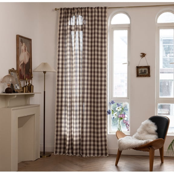 XmhyTop-A Checkered Tassel Curtains, Plaid Rod Pocket Curtains, Modern Farmhouse Curtains, Decorative Bedroom Living Room Curtains, 1 Piece 140*120cm Window Curtain,Brown