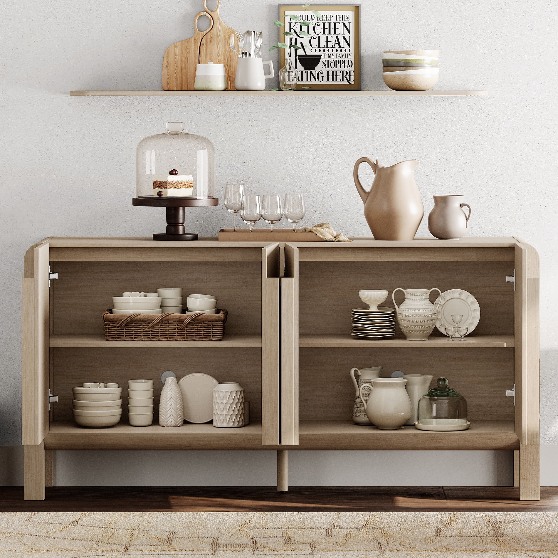 Mid-century 63" Wood Sideboard Buffet Cabinet with Storage, Modern Credenza with Doors and Adjustable Shelves for Kitchen Living Room, Dining Room