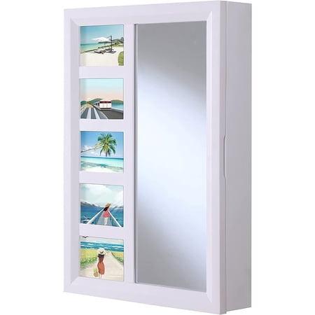 Proman Products Venice Wall Mount Jewelry Armoire  Jewelry Cabinet  Jewelry Storage WM17231 with Photo Frame  Mirror  Drawers  16 W x 23 H x 4.75 D  White