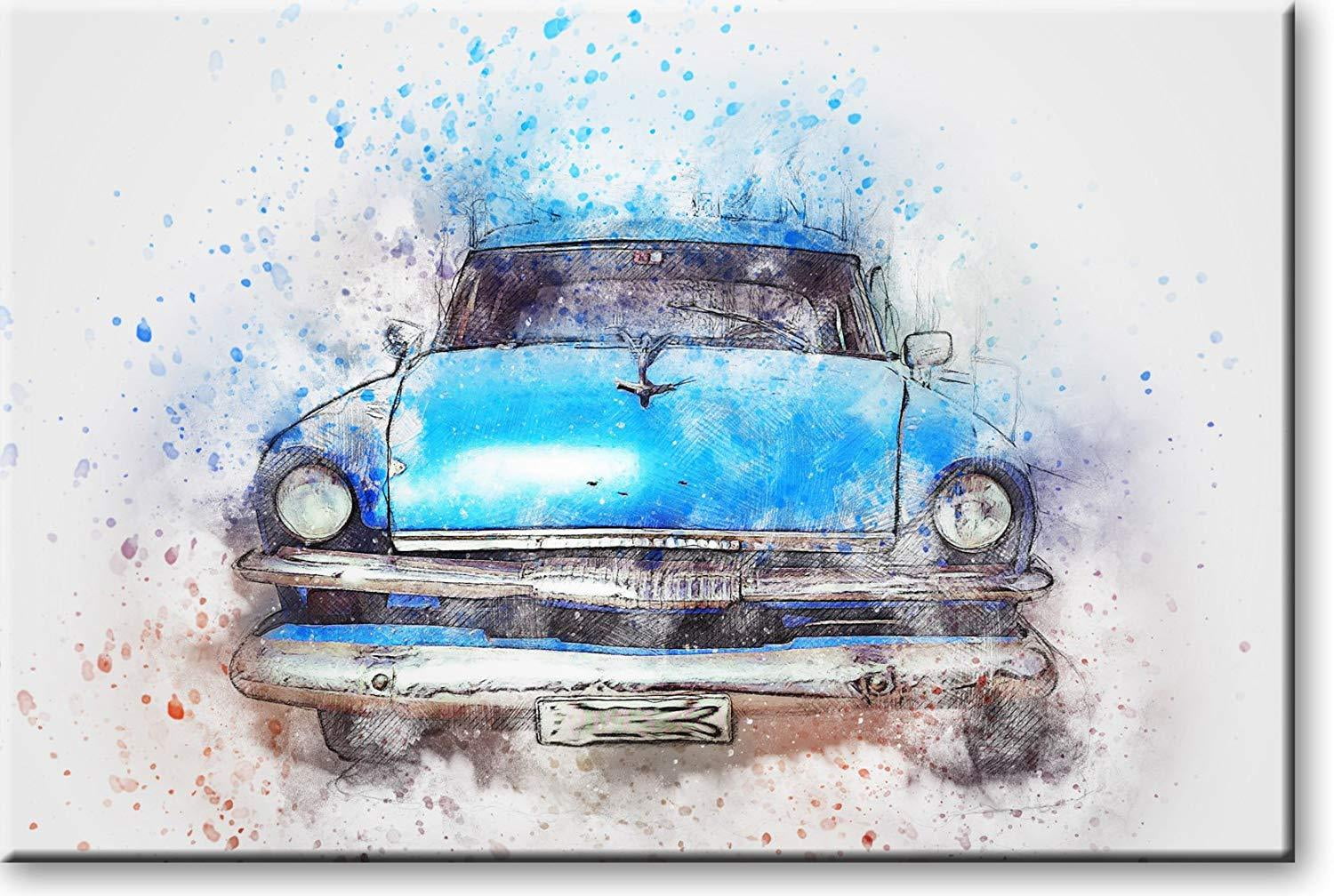 Antique Classic Car Drawing Picture on Stretched Canvas, Wall Art Décor
