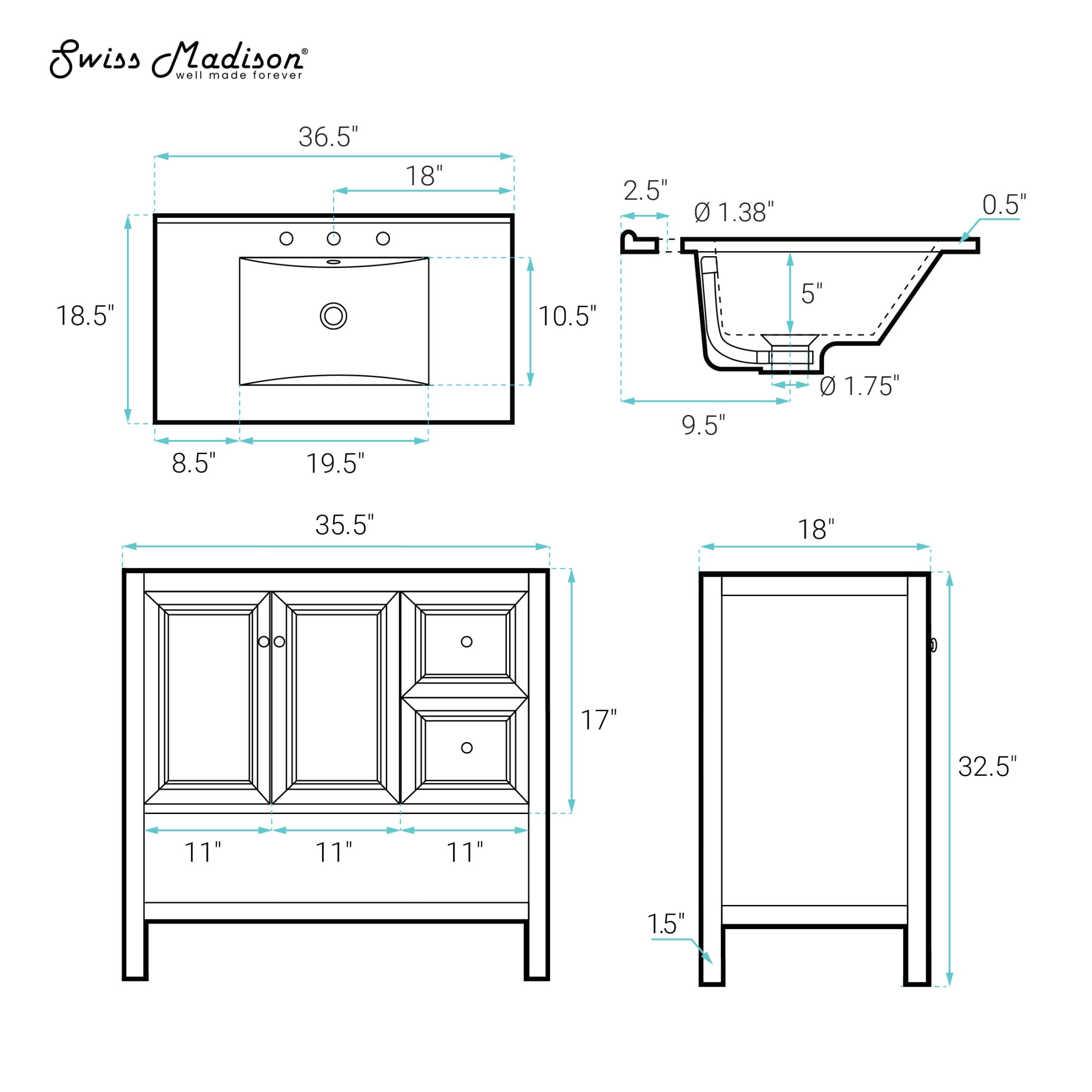 Chateau 36" Freestanding Bathroom Vanity in White Oak with 3-Hole Widespread Sink Top