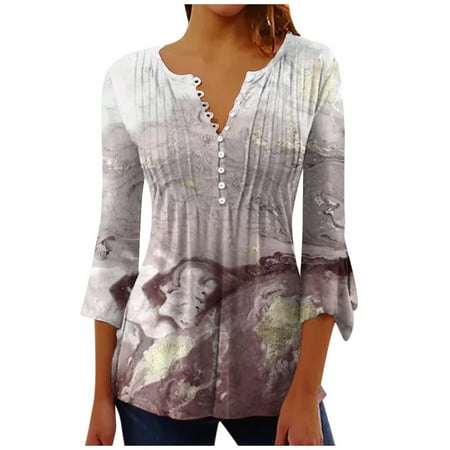 

Summer Savings Clearance Shirts ! Wenini Tunic Tops for Women Casual 3/4 Sleeve Flower Printed Buttoned Shirt Basic Ruched Corset Comfy Pleated T-Shirts Blouses Gray S