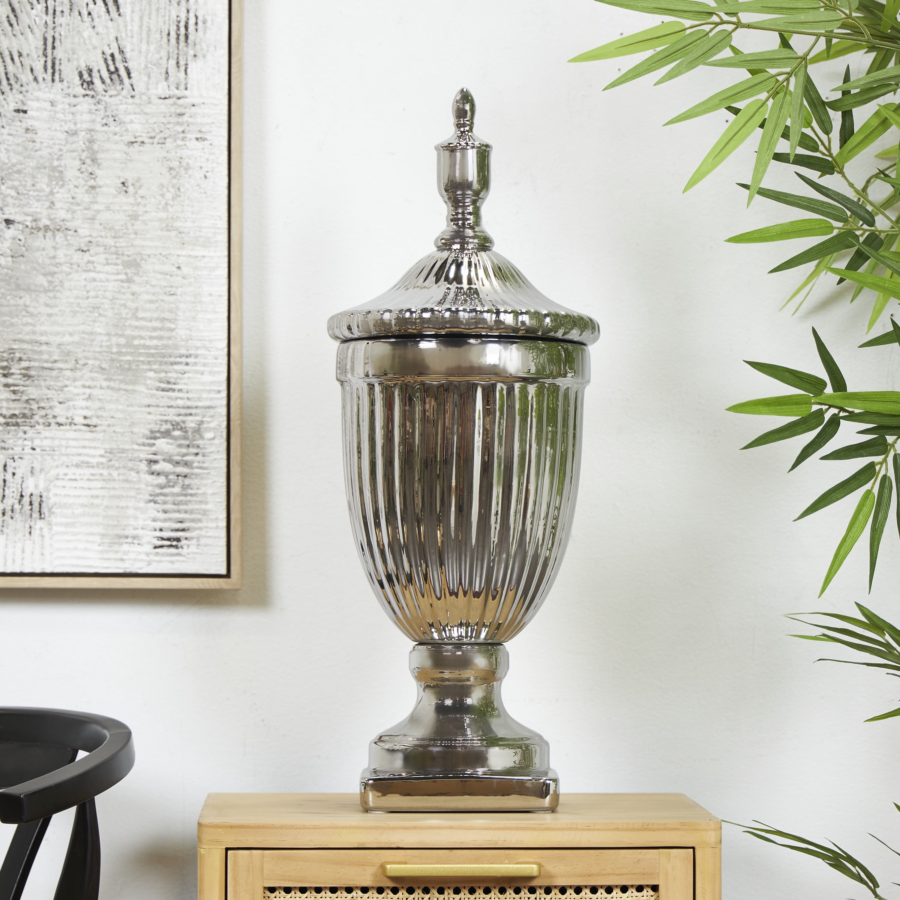DecMode 10" x 25" Silver Ceramic Tall Decorative Jars with Grooves, 1-Piece
