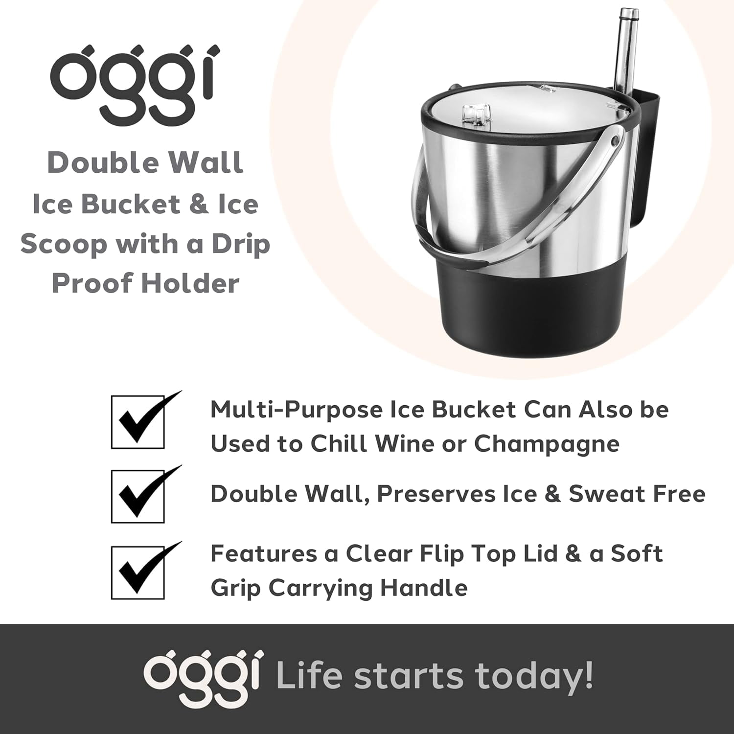 Insulated Ice Bucket, 4 Quart / 3.8 L, Stainless Steel, Black.