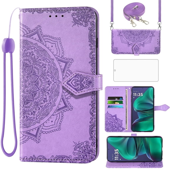 Asuwish Screen Protector Included Mandala Flower Hard Shell Wallet Cell Phone Case with Tempered Glass Screen Protector for Motorola Moto G Stylus 5G 2025, Purple