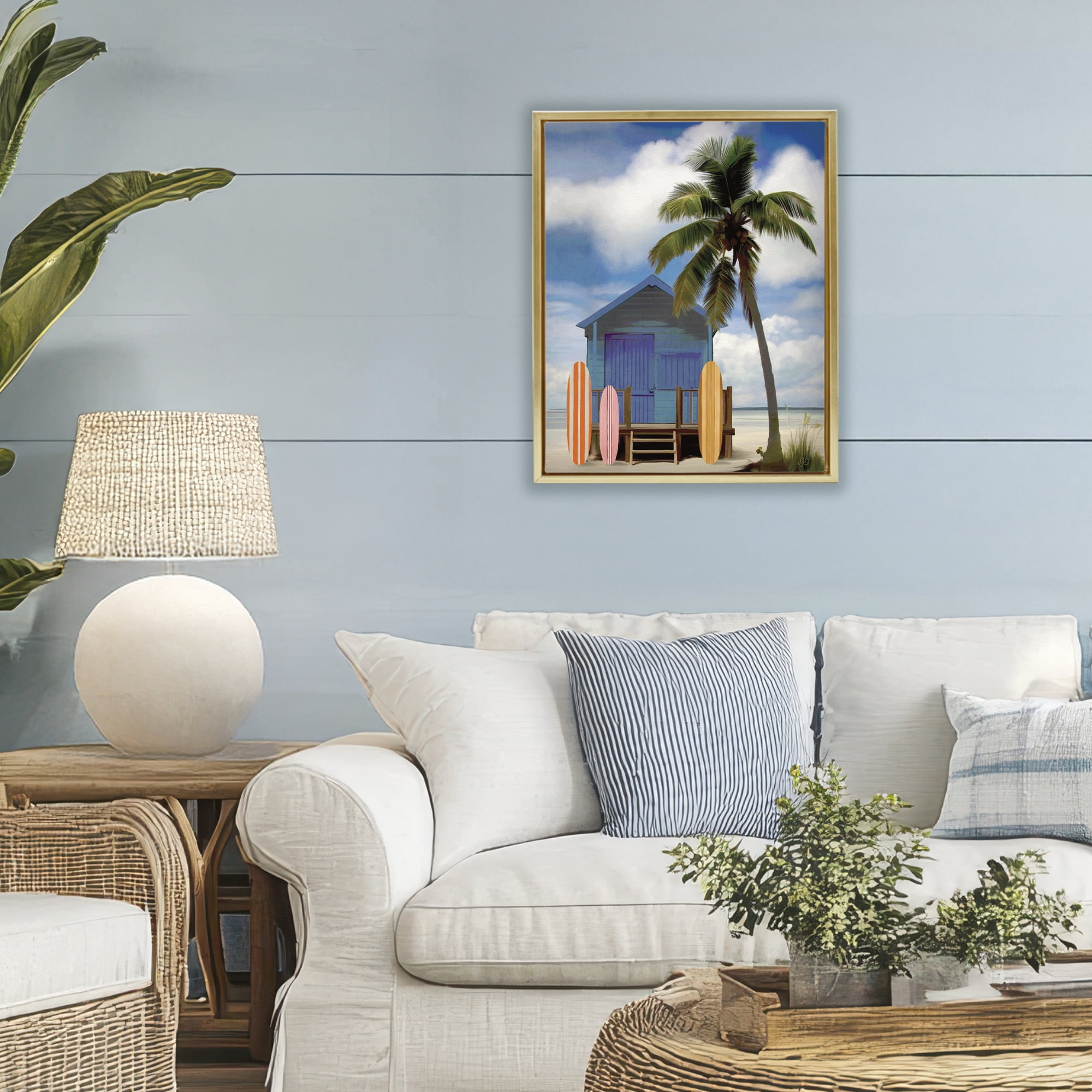 Stupell Industries Palm Overhanging Surf Shop Gold Framed Floater Canvas Wall Art, design by Lisa R Dumm