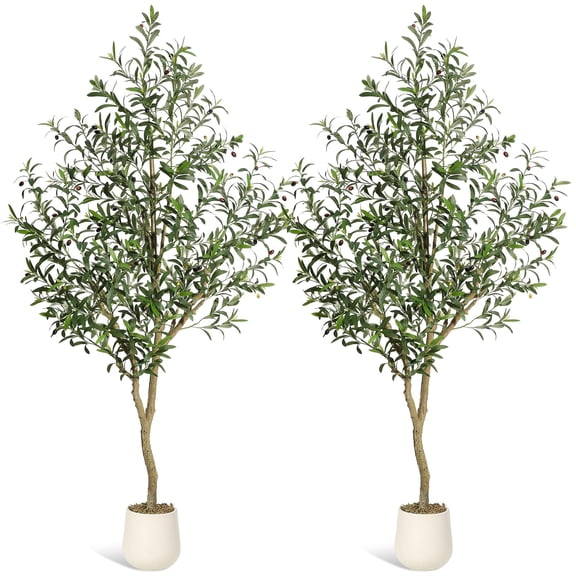 Olive Trees Artificial Indoor, 7FT Tall Faux Olive Tree with White Tall Planter, Artificial Plants with Natural Wood Trunk and Lifelike Fruits for Home Office Decor, 2pcs