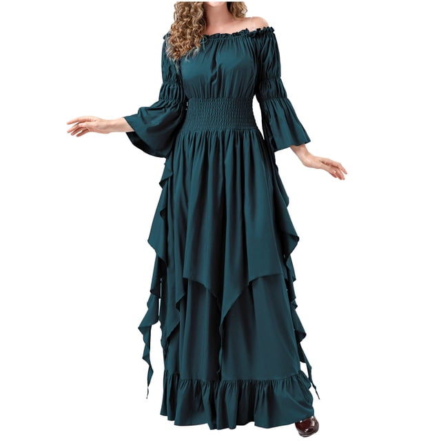 Timegard Womens Dresses 1 Shoulder Ruffle Long Sleeve Smocked Renaissance Costume Women Gothic Dress