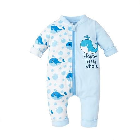 

Newborn Baby Boy Romper Clothes Infant Boy Outfits Long Sleeve Jumpsuit Zipper Animal Print One Piece Clothing Blue 3-6 Months
