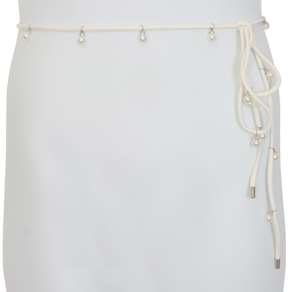 eVogues Plus Size Pearl Detail Faux Leather Waist String Belt White