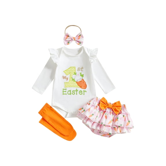 Okbabeha Newborn Baby Girl Easter Outfit Bunny Clothes Long Sleeve Romper Bloomers Tutu Skirt Socks Headband 4Pcs Clothes