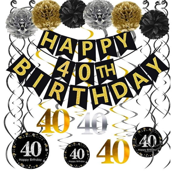 Premium 40th Birthday Party Kit, Glittery Happy Banner, Hanging Swirls, Pom Poms in Gold Black Silver, Eco-Friendly Durable Paper Decor
