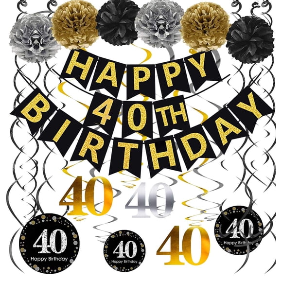 Famoby Pancarta De Feliz Cumpleaños Número 40 Con Purpurina Negra Y Dorada, Kit De 40 Remolinos Colgantes Brillantes Para Decoraciones De Fiesta De 40 Cumpleaños Y 40 Aniversario