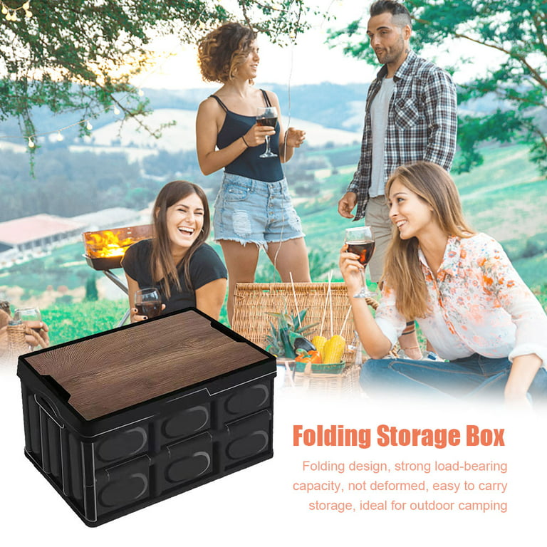 CHAMAIR Folding Car Trunk Storage Box Wooden Lid Outdoor Camping Fishing  Organizer Box (Black) 