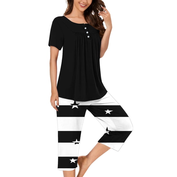 Sexy Pijama Conjunto para las Mujeres, Cuello Redondo Blusa de Manga Corta Y Pantalones, Traje de Moda Casual