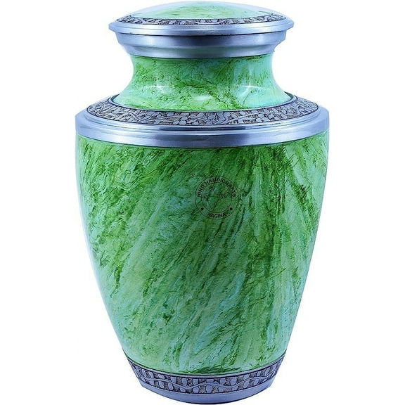 Silver Engraved Cremation Urn for Human Ashes Adult Funeral Urn Handcrafted - Large Burial Urn for Human Ashes - BAG INCLUDED (Forest Green, 7" x 7" x 10")