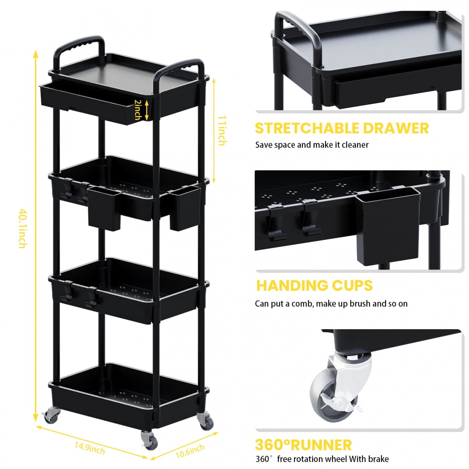 NTGFU 4 Tier Black Rolling Utility Cart with Drawer, Utility Cart Made Of Multifunctional Storage Organizer Tool for Kitchen,Bathroom,Living Room,Office Outdoor Decor