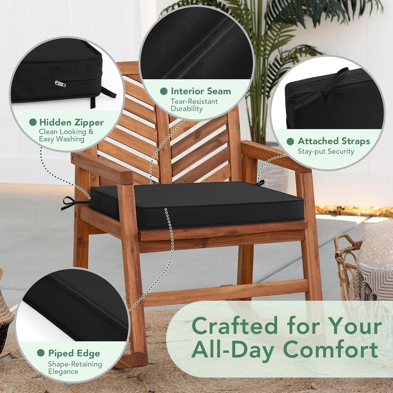 Outdoor Chair Cushions Set of 4: Waterproof & Fade Resistant Seat Cushion for Patio Furniture - 18.5 x 16 x 2 Inch Chair Pads with Ties and Hidden Zipper - Patio Chair Cushion Replacement, Black