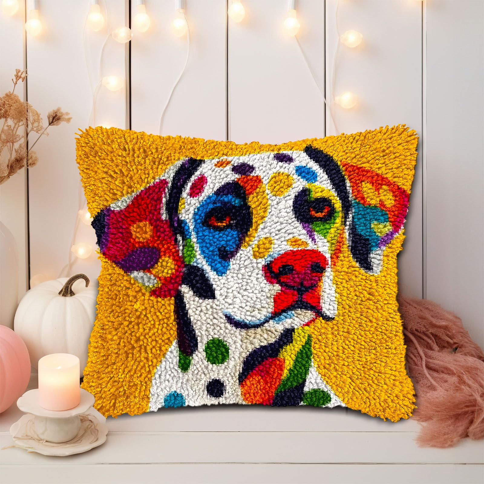 Colored Dalmatian Dog DIY Latch Hook Pillow Kits for Adults Printed Pillowcase Crochet Yarns Hooking Handmade Pillow Cover Cushion for Home Sofa Decoration 17x17inch