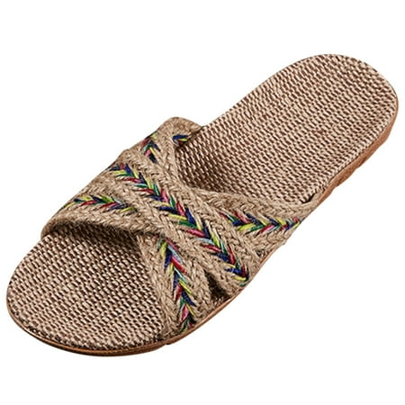 

Mnycxen Women s Slippers Men Home Summer Cross Strap Ladies Casual Shoes Linen Slippers