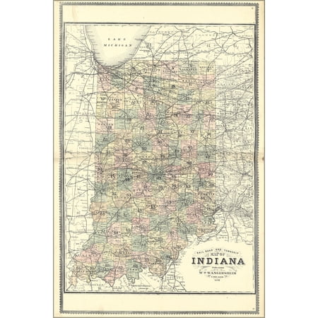 24"x36" Gallery Poster, Railroad and Township Map of Indiana 1889