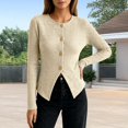thumbnail image 5 of Women's Round Neck Slim Fitted Button Up Long Sleeve Ribbed Knit Cardigan Sweater Jacket, Lightweight Soft Skin-Friendly Business Casual Work Layering for Fall Winter Daily Beige, 5 of 5