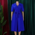 thumbnail image 3 of AURA Plus Size Suit Collar Swing Midi Dress Short Sleeve High Waist Belted Solid Color Summer, 3 of 10