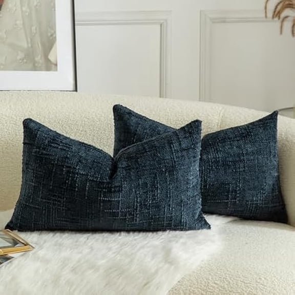 Eryueer Pack of 2 Solid Decorative Soft Chenille Dark Blue Cushion Covers 30x50cm 12x20 Inch Lumbar Accent Solid Throw Pillow Case Soft Cozy Luxury Pillow Covers for Sofa Couch Bedroom