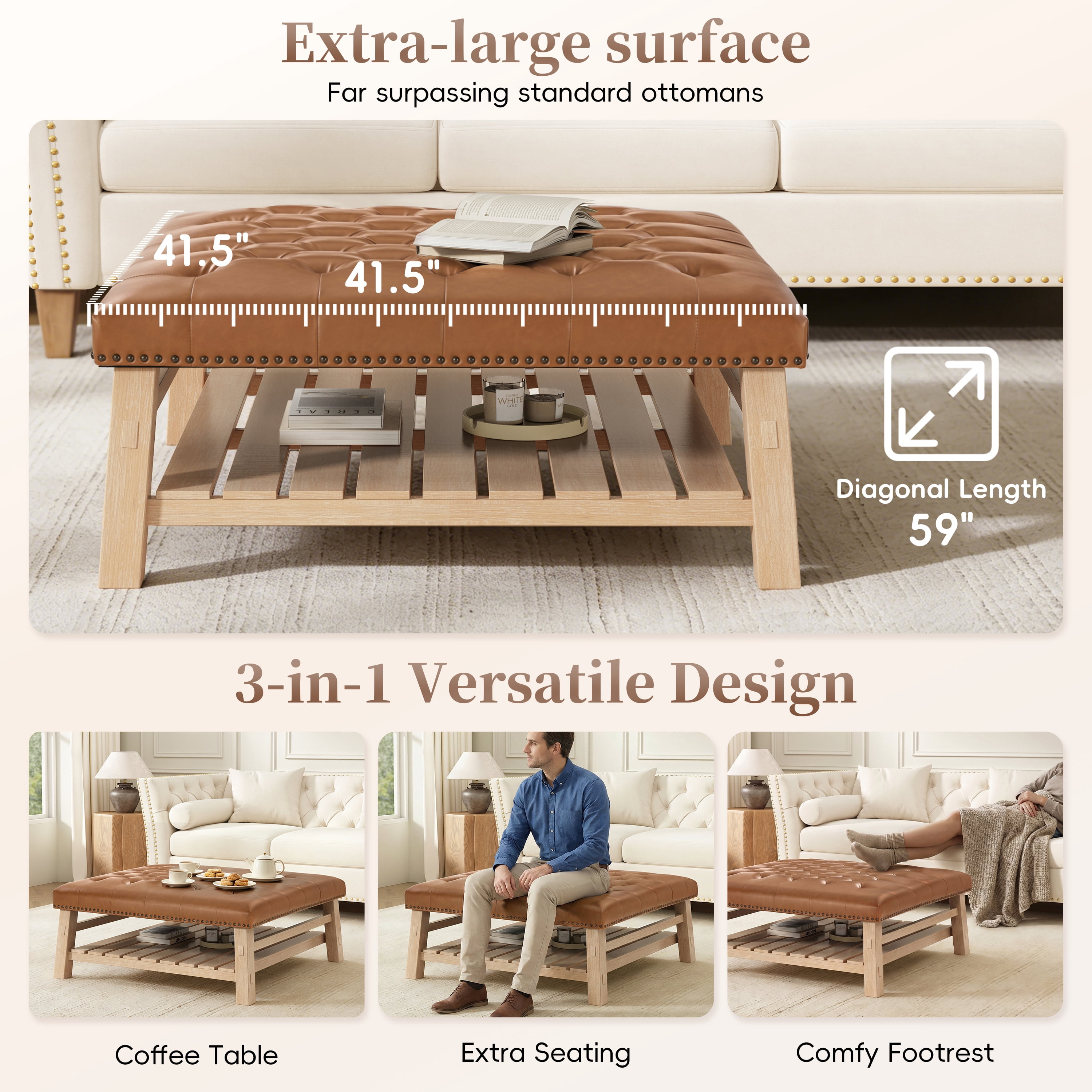 GARITIN Tufted Square Ottoman 41.5 Inch, Large Upholstered Footstool Coffee Table with Slatted Storage Shelf and Nailhead Trim, Brown