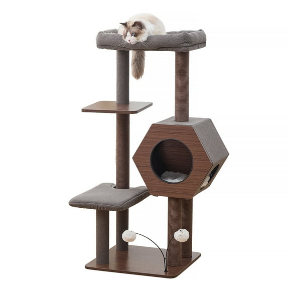 PetPals® Wagon  37” Modern Cat Tree with Hexagon Condo, Recycled Paper Scratchers, Washable Bed &Toys , Brown