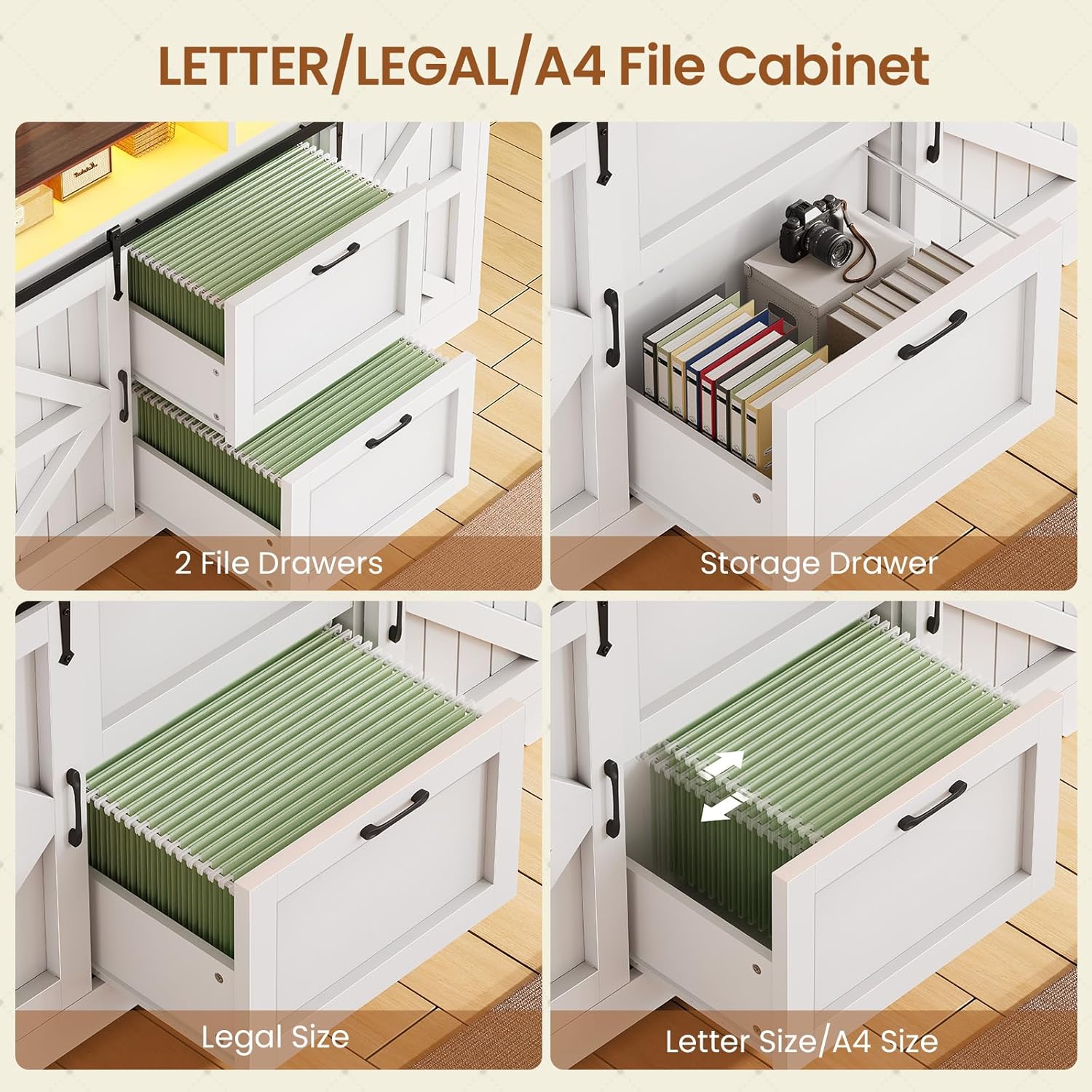 Farmhouse File Cabinet with 2 Drawers, 47" Horizontal filing cabinet with LED Lights & Power Outlets for Office, Filing Cabinet with 2 Sliding Barn Doors, Large Storgae Cabinet for Home, White