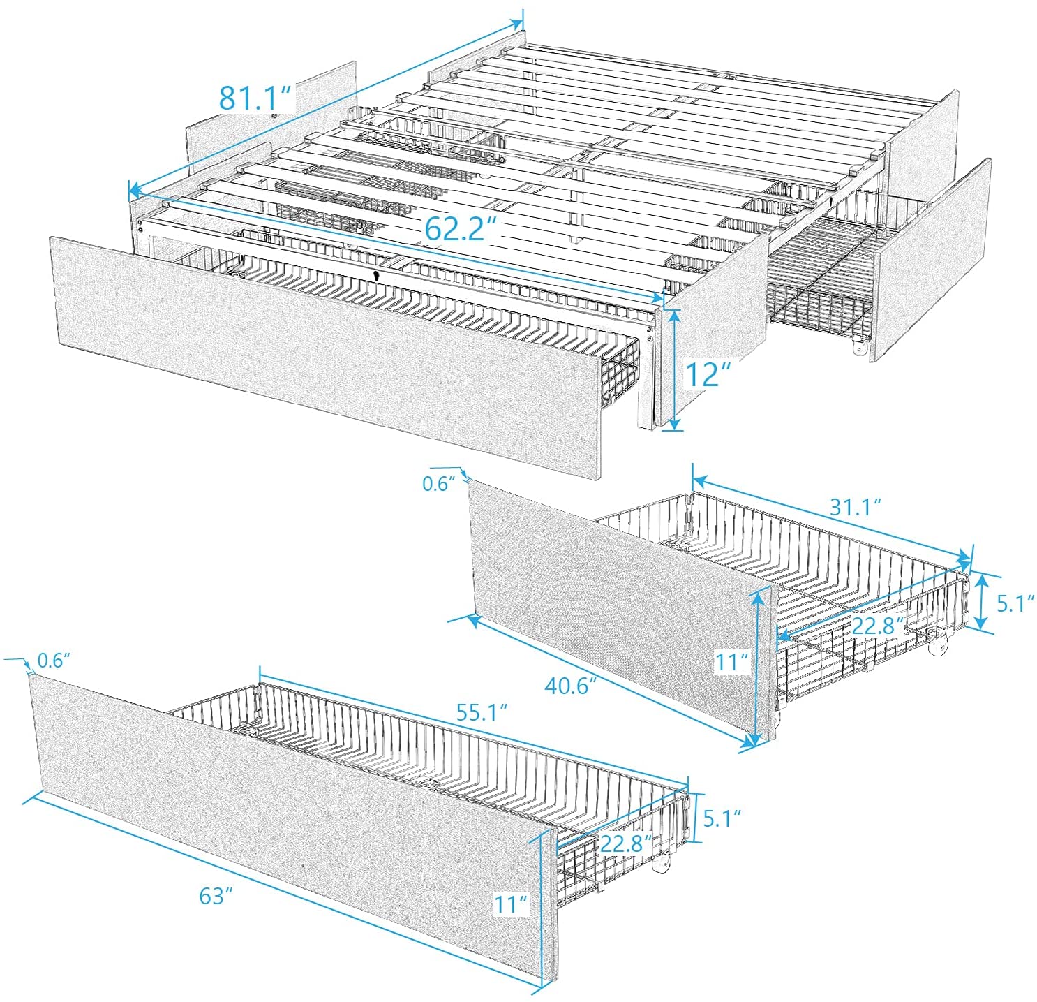 Buy Amolife Upholstered Queen Platform Bed Frame with 3 Storage Drawers