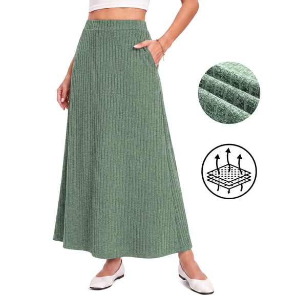 AskLazy Women's Maxi Skirt with Pockets,Ribbed Knit High Waisted Flowy A-Line Maxi Skirt,Comfortable Casual Wear,Christmas Tree,Green,XL