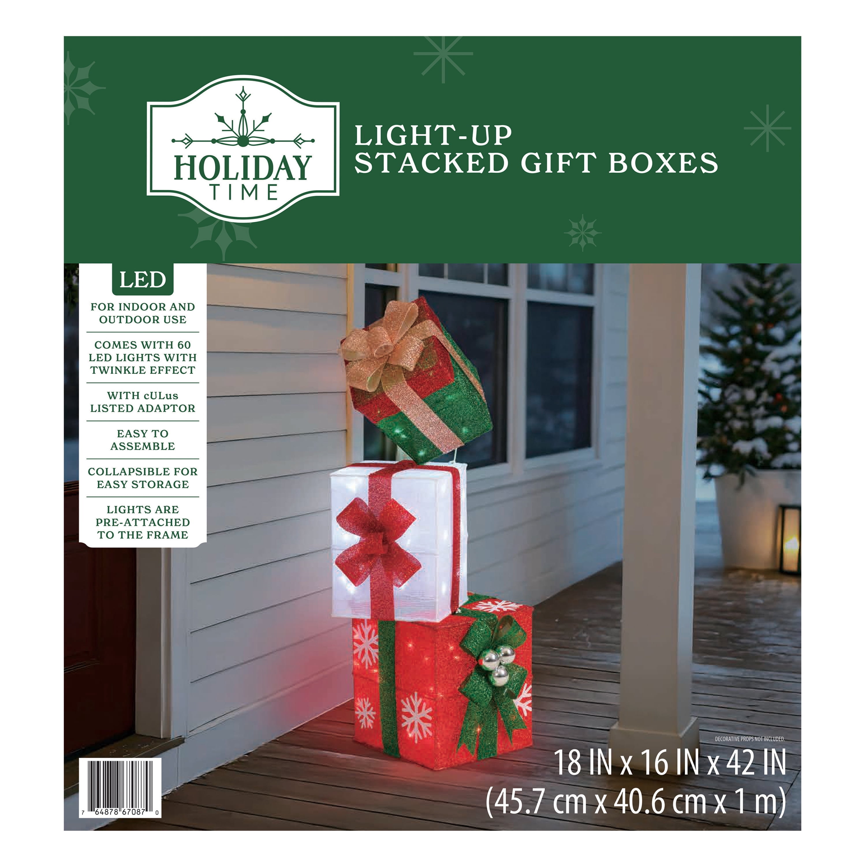 Indoor/Outdoor Light-Up Stacked Gift Box Christmas Decoration with 60 LED Lights, White/Green/Red, 42", by Holiday Time