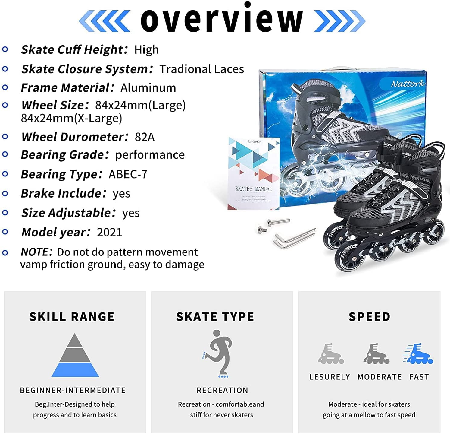 SubSun Inline Skates for Adults Men Women Adjustable Aggressive Durable Roller Blades with Giant Wheels Black S