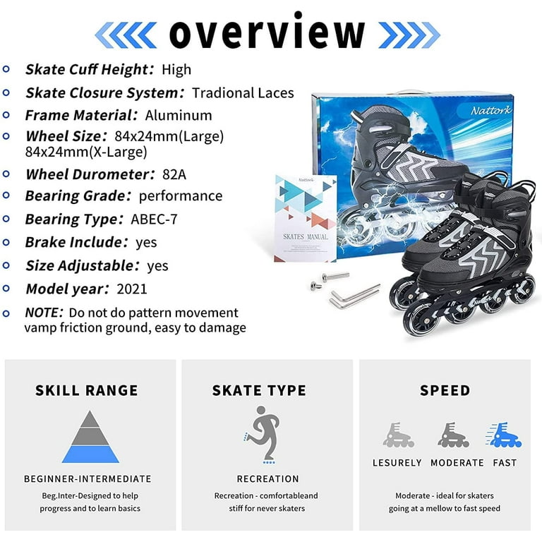 SubSun Inline Skates for Adults Men Women Adjustable Aggressive Durable Roller Blades with Giant Wheels Black S