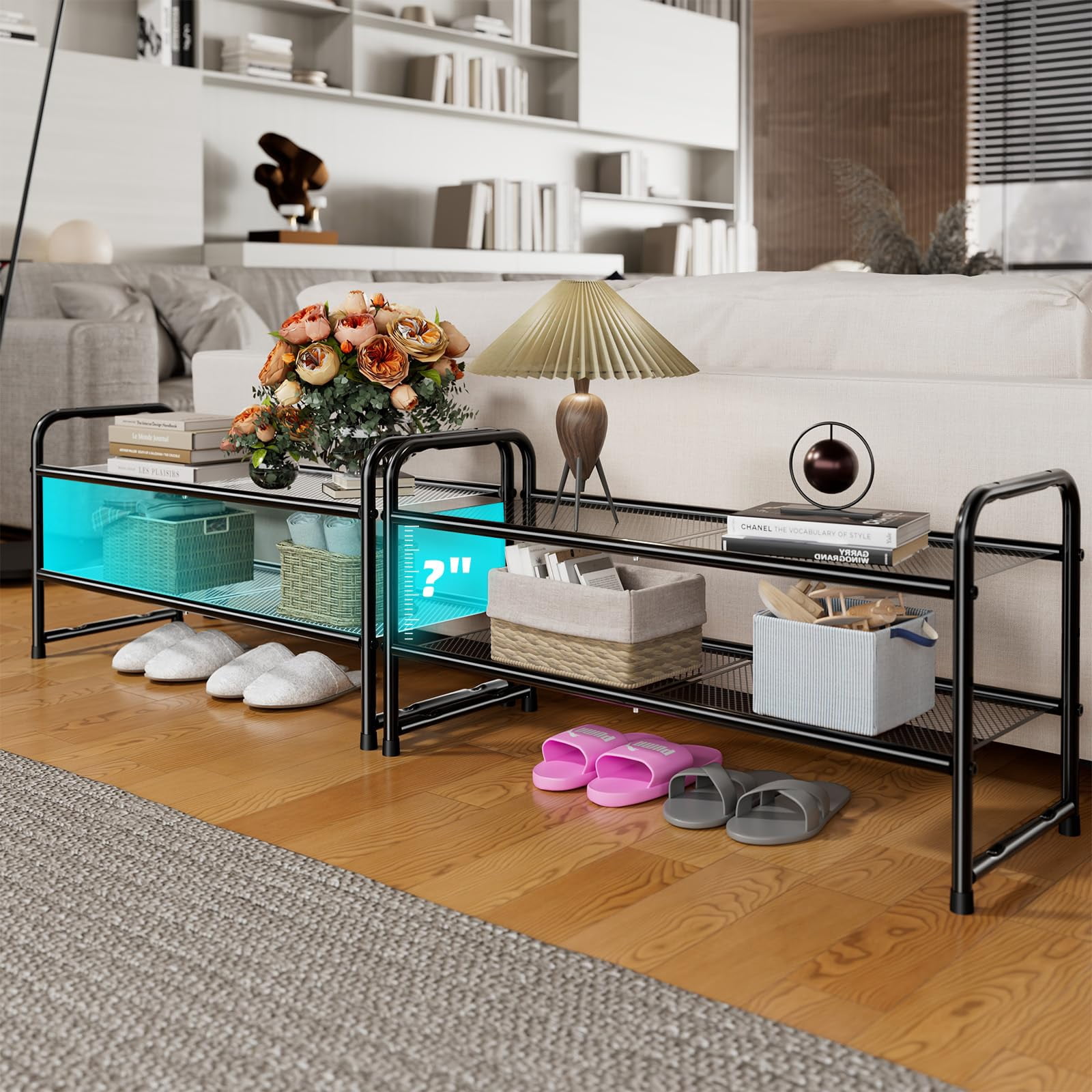 SUFAUY 2 Tier 33" Wide Shoe Rack Stackable, Metal Mesh, Black