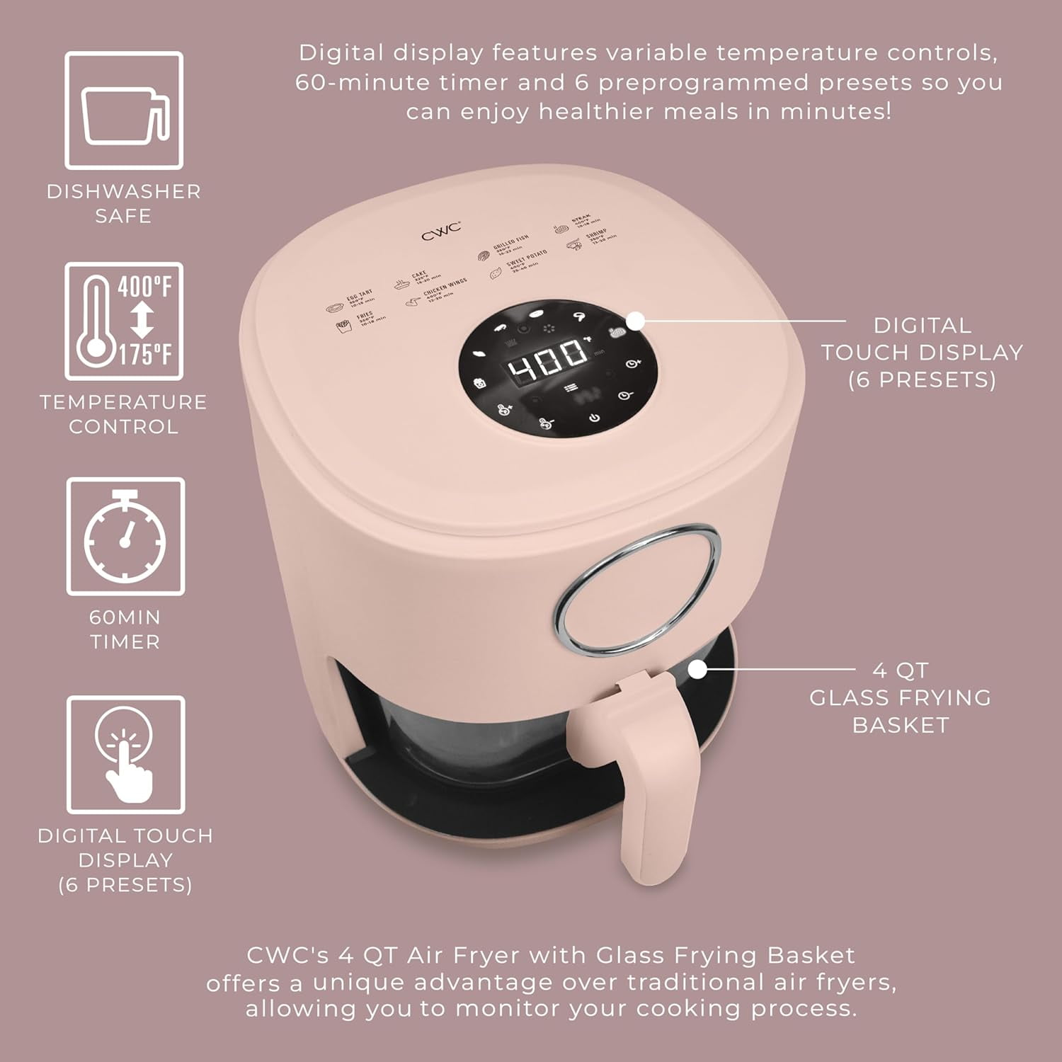 COOK WITH COLOR Air Fryer, 4Qt Glass Air Fryer, Stylish Kitchen Appliance, Blush
