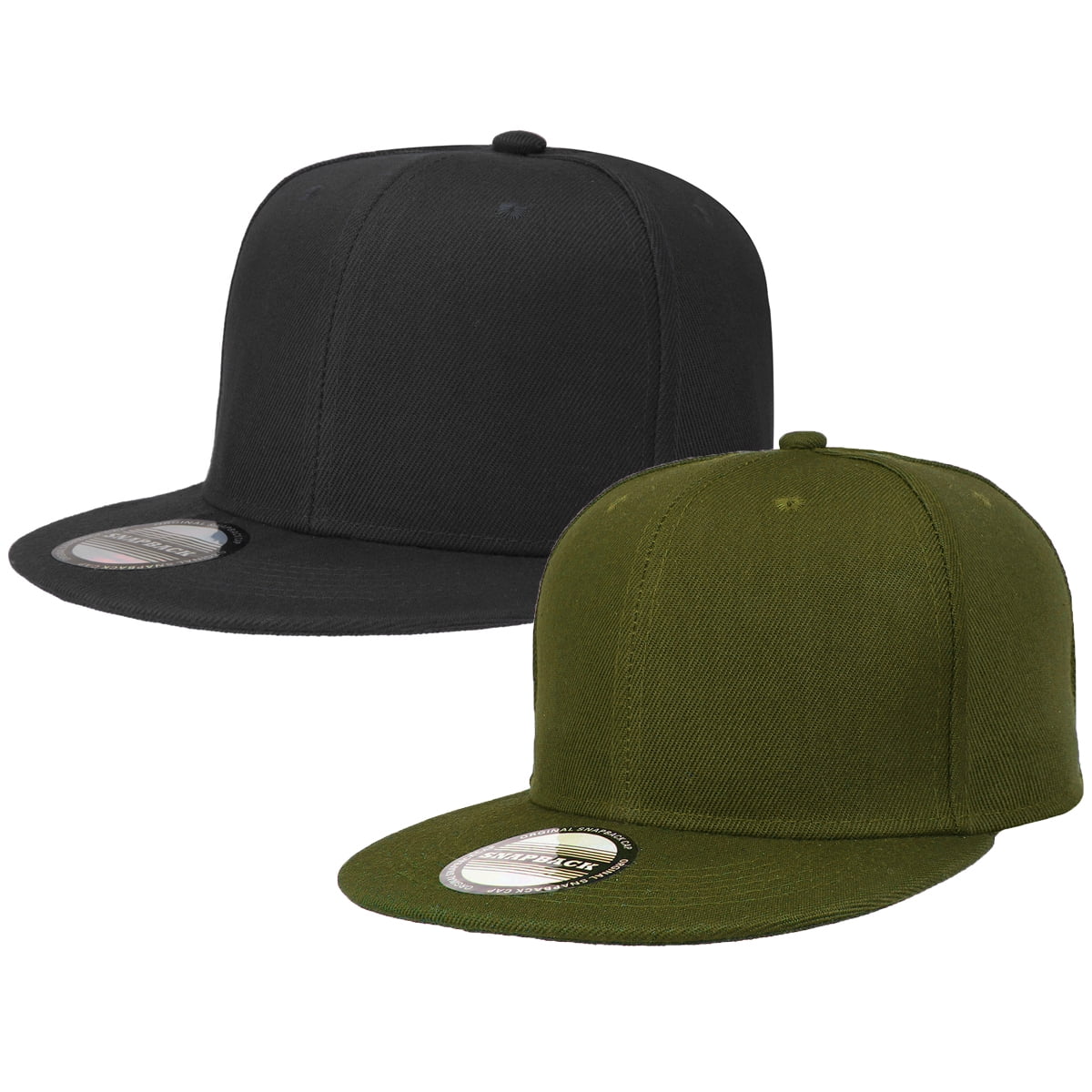 2-pack Classic Snapback Hat Cap Hip Hop Style Flat Bill Blank Solid Color Adjustable Size Black & Army Green