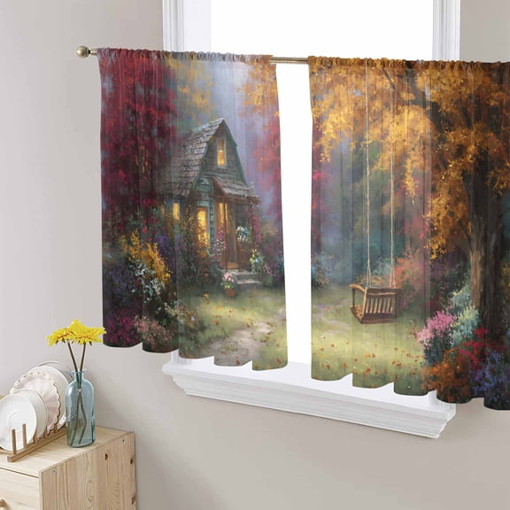 Country Forest Semi Sheer Curtains 54 Inch Length 2 Panels Set, Fall Farmhouse Trees Cabin Nature Scenery Sheer Kitchen Curtain Privacy Voile Window Curtain for Living Room Bedroom Rod Pocket Drapes