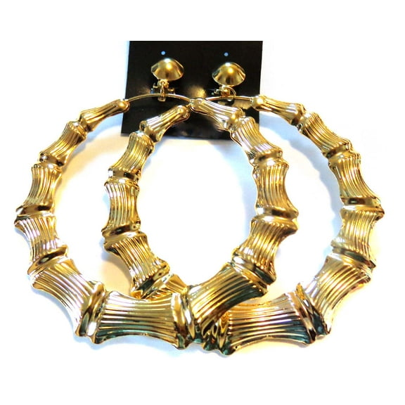 Clip-on Bamboo Hoop Earrings Large 3.5 inch Gold Tone Hoop Earrings
