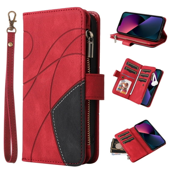 Multifunctional Case for iPhone 16,[RFID Blocking] 9 Credit Cards Holder with Wrist Strap, Premium PU Leather Zipper Wallet Purse Magnetic Flip Phone Cover,Red