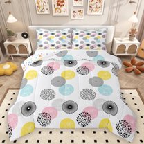 Homewish Colorful Abstract Circular Queen Comforter Set,Geometric Polka Dots Bedding Sets,White Gray Pink Bedding Comforter Set For Girls Kids,Super Cozy Room Decor Reversible,3pcs